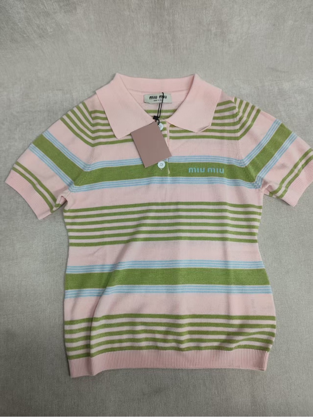 🌸 Miu Miu Pink Green Blue Striped Knit Polo Short Sleeve Top Logo Embroidery NWT